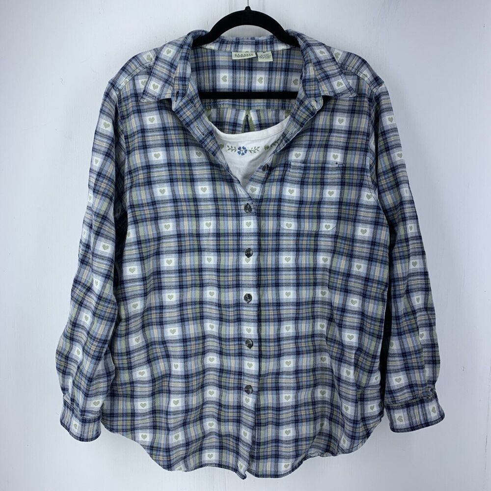Classic Elements Womens 24W Button Up Shirt Hearts Plaid Cottagecore Blue Cotton